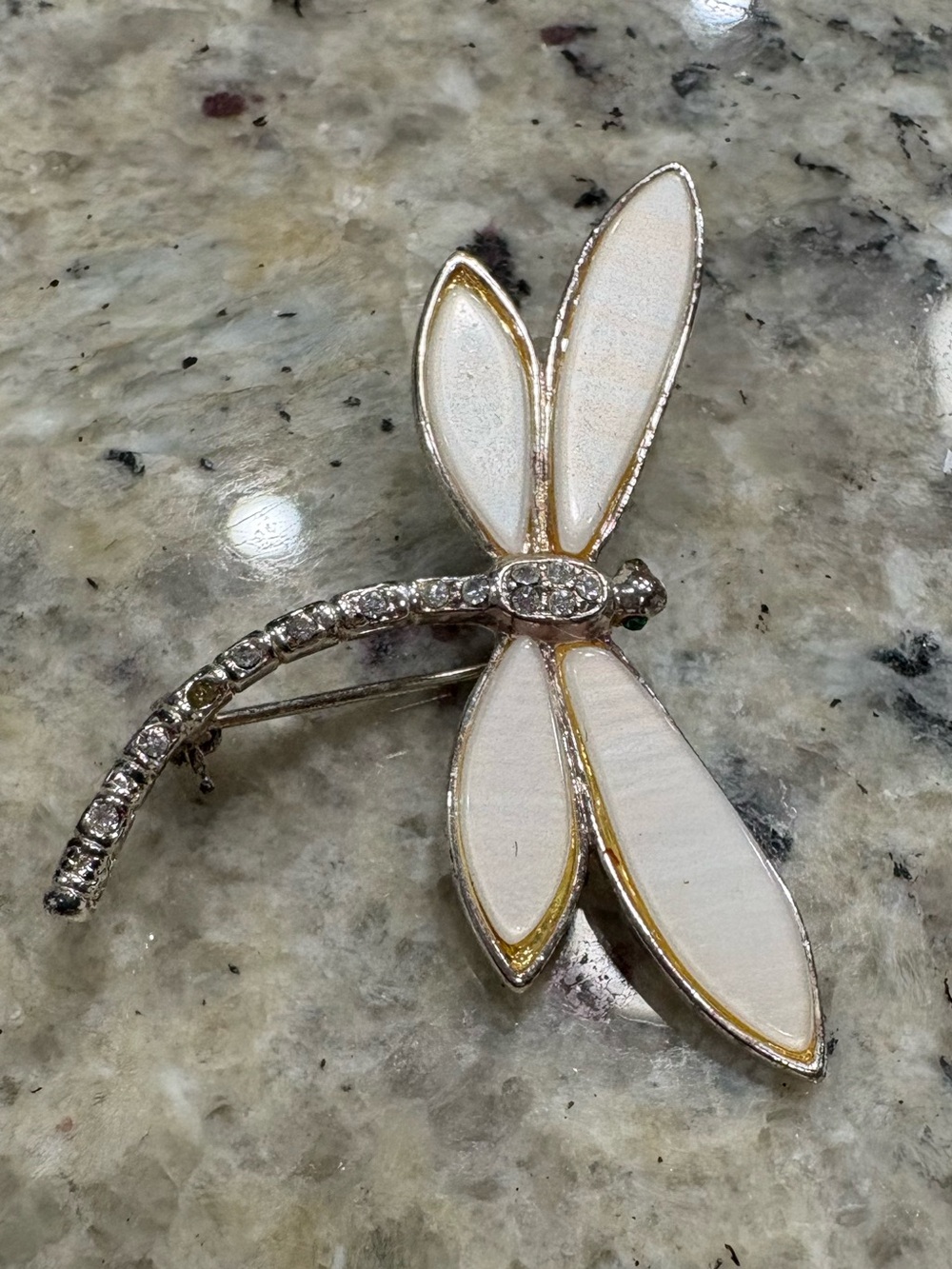 Dragon fly mother of pearl stone in silver tone metal brooch pin GUC